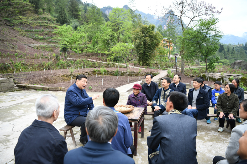 2019年4月15日至17日，中共中央總書記、國家主席、中央軍委主席習(xí)近平在重慶考察，并主持召開解決“兩不愁三保障”突出問題座談會。這是4月15日下午，習(xí)近平在石柱土家族自治縣中益鄉(xiāng)華溪村同村民代表、基層干部、扶貧干部、鄉(xiāng)村醫(yī)生等圍坐在一起，共話脫貧攻堅。新華社記者 謝環(huán)馳 攝